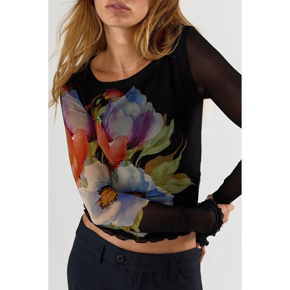 NWT Free People Womens L Lilly Printed Long Sleeve Top Black Floral Boho Sheer - Picture 2 of 6